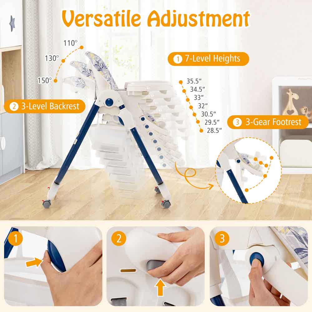 Costway Navy Multifunctional Folding Baby Highchair Image 9