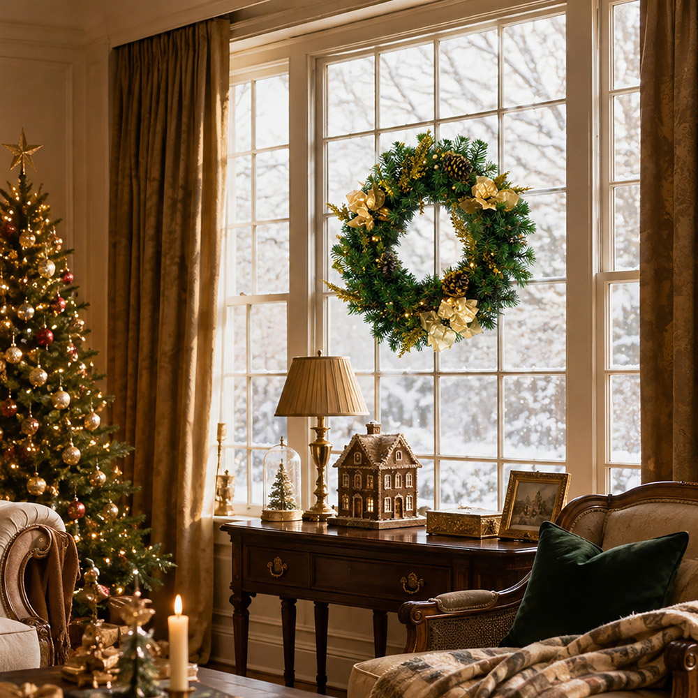 Abrihome 35 Warm White LED Artificial Christmas Wreath with Pinecones Berries and Branches 50cm Image 4