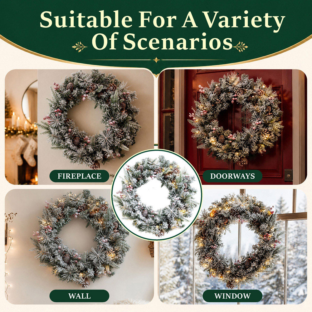 Abrihome 35 Warm White LED Snow Flocked Artificial Christmas Wreath with Tips and Pinecones 50cm Image 7