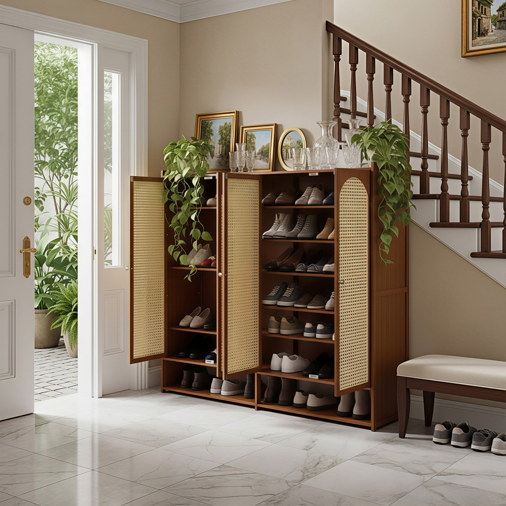 Living and Home 4 Door Single Open Shelf Brown Rattan Shoe Cabinet Image 7