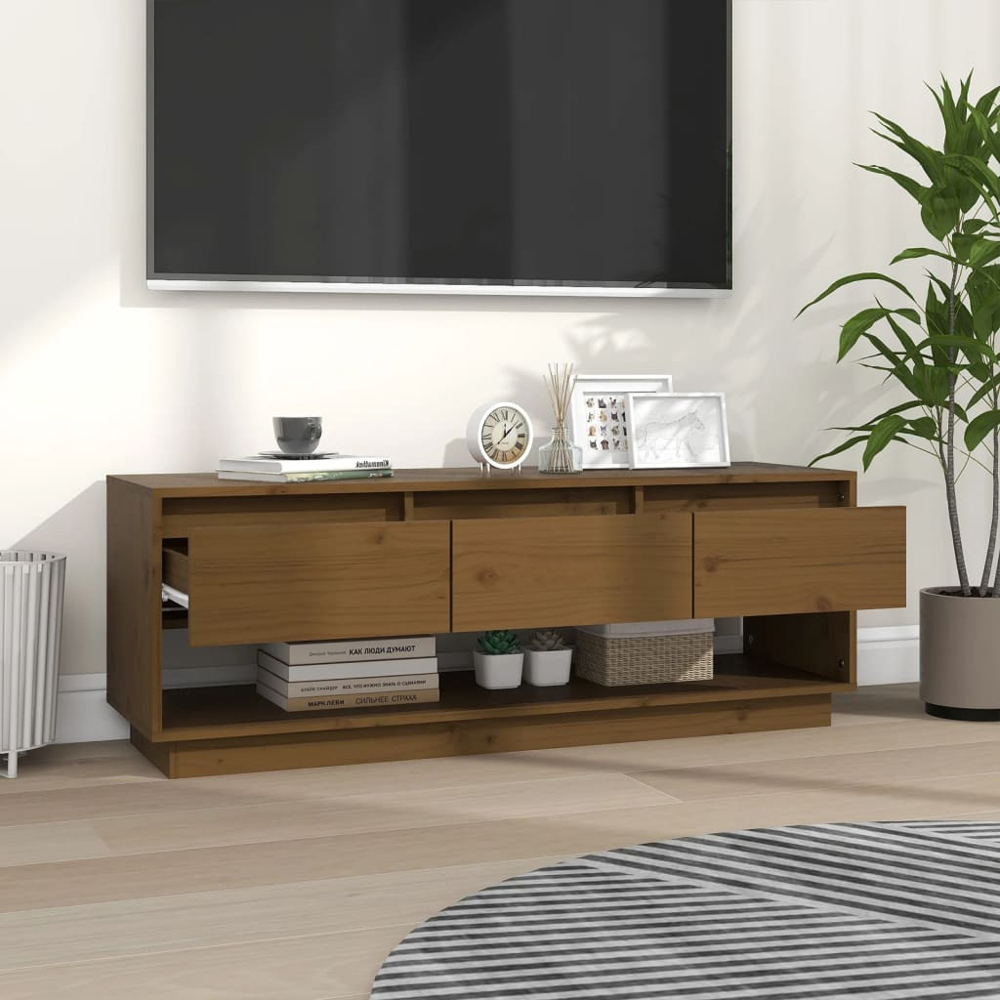 vidaXL 3 Drawer Single Shelf Honey Brown Solid Pine Wood TV Cabinet Image 7