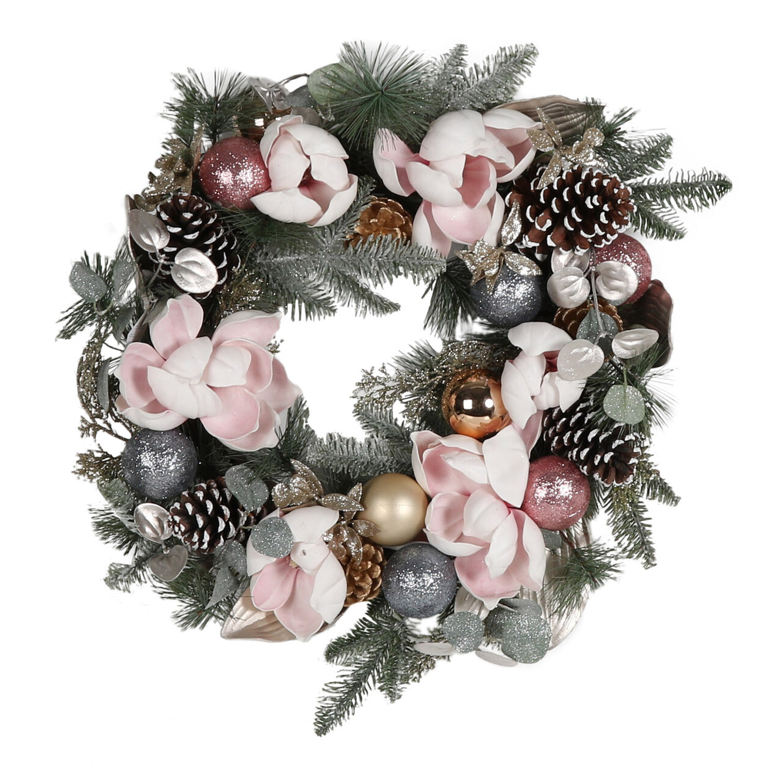 Christmas Wintery Foliage Blush Flower and Bauble Wreath Image