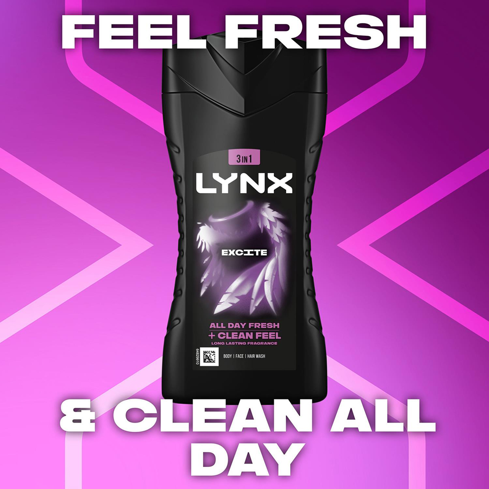Lynx Excite Coconut and Black Pepper 12H Refreshing Fragrance Shower Gel 225ml 3 Pack Image 2