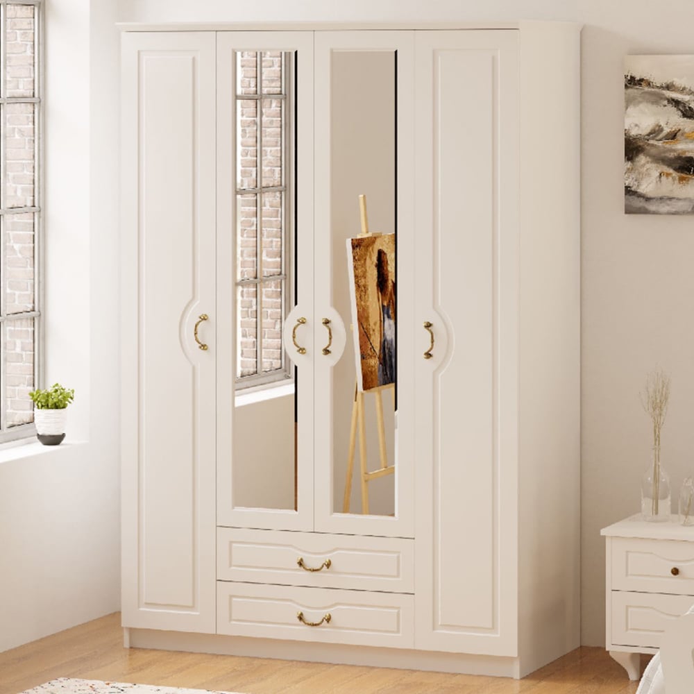 Evu ANNE 4 Door 2 Drawer White Mirror Wardrobe Image 1