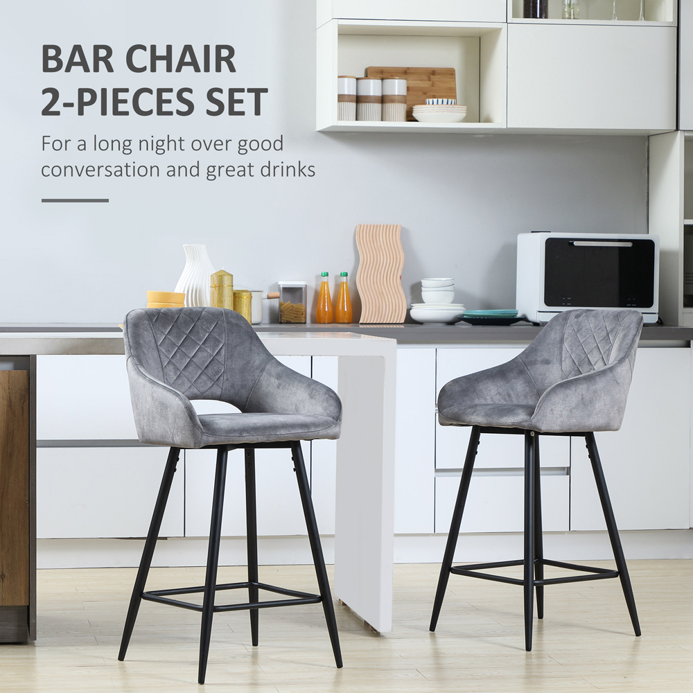 Portland Dark Grey Velvet Touch Bar Stool Set of 2 Image 5