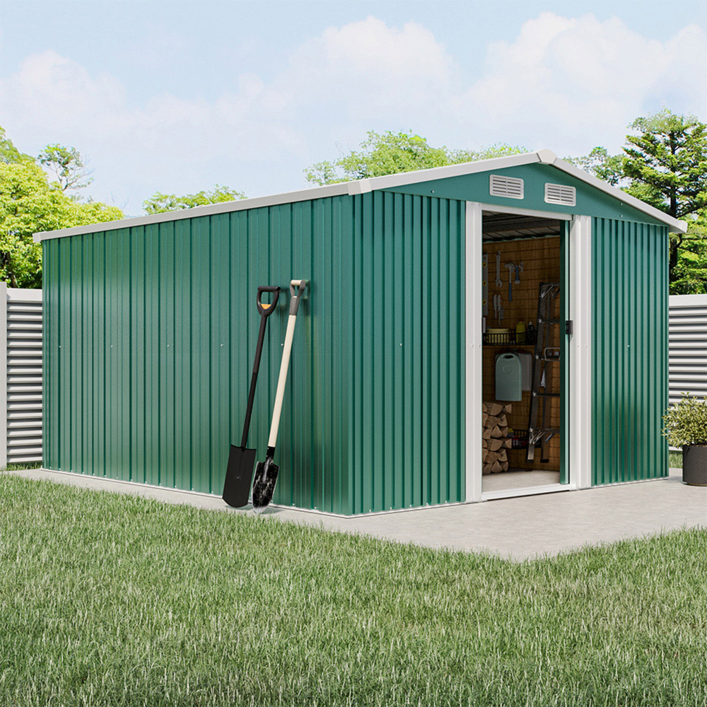 Living and Home 10 x 8ft Double Door Green Metal Garden Shed with Foundation Image 2