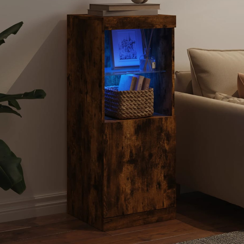 vidaXL Single Door 2 Shelf Smoked Oak Sideboard with RGB LED Lights Image 1