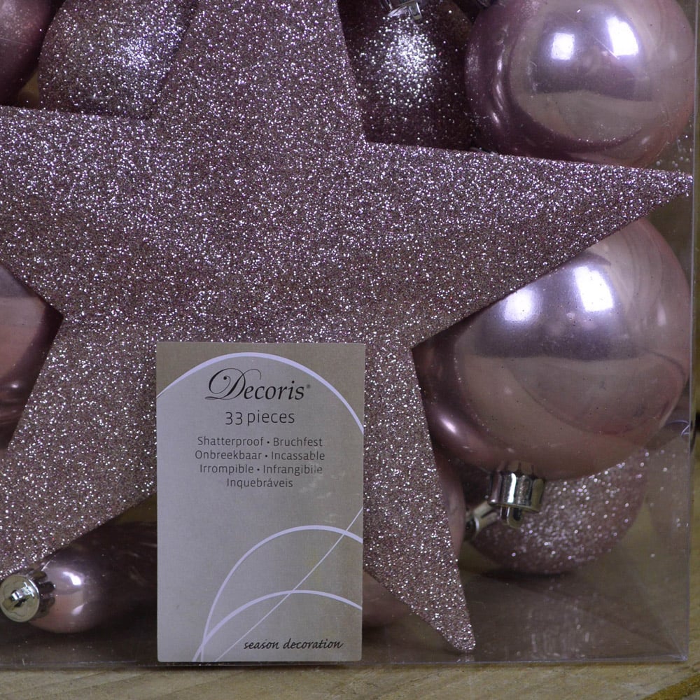 Samuel Alexander Blush Pink Assorted Shatterproof Christmas Baubles with Star Tree Topper 33 Pack Image 4