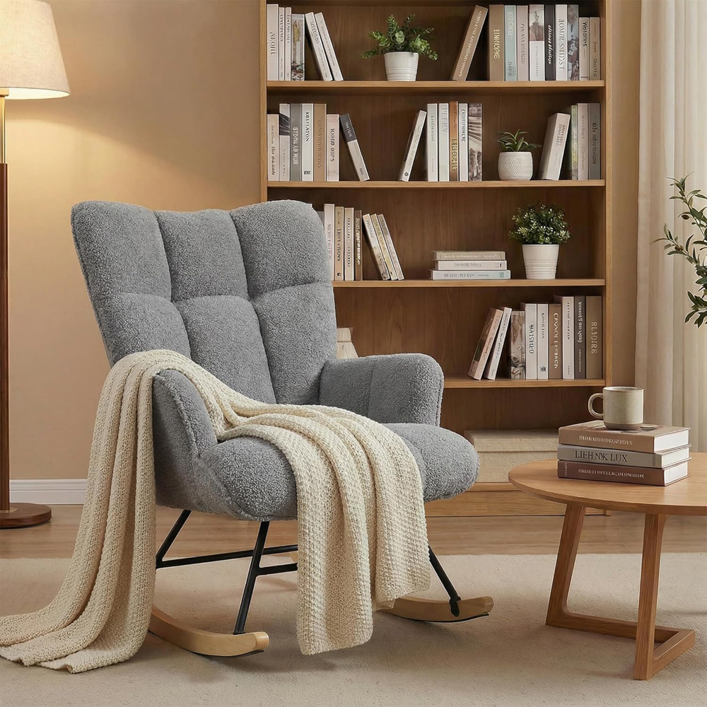 Alivio Grey Teddy Plush High Backrest Rocking Chair Image 3