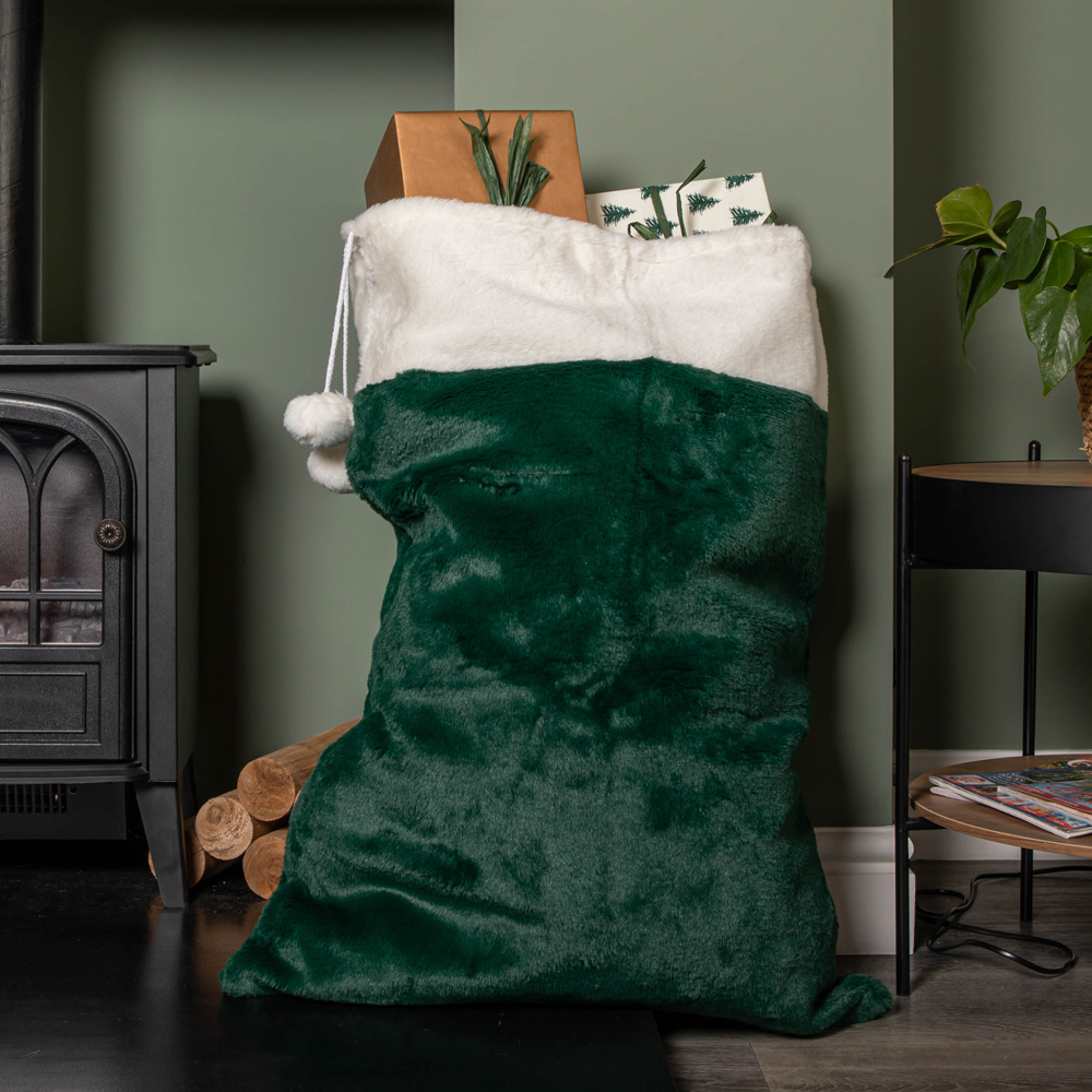 Samuel Alexander Green Christmas Present Sack with White Cuff and Pom Poms Image 2