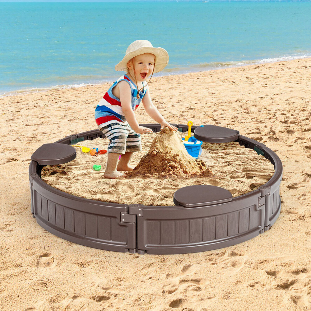 Costway Brown Round Sandpit with Waterproof Cover Image 4