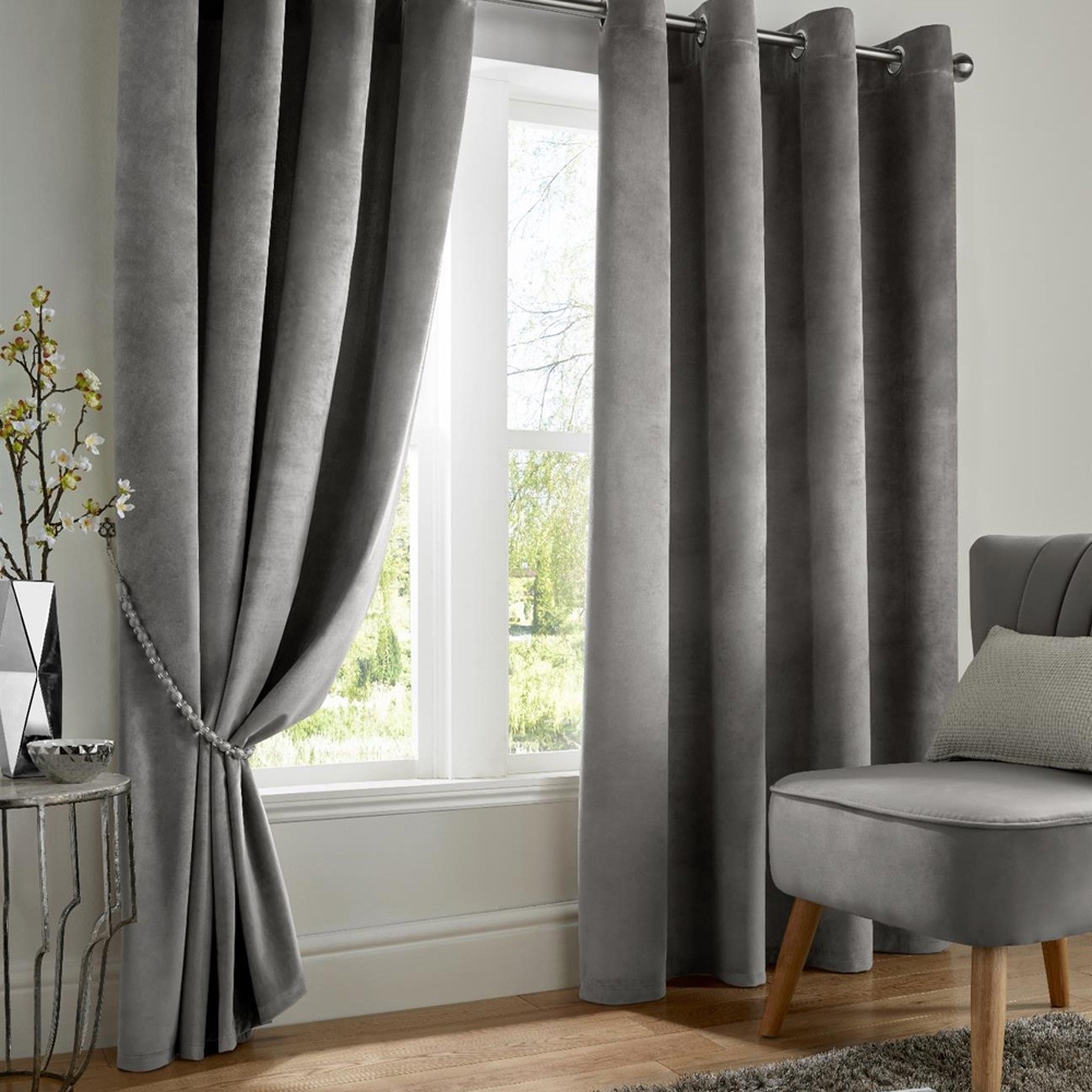 Alan Symonds Silver Velvet Blackout Ring Top Eyelet Curtains 229 x 229cm Image 1