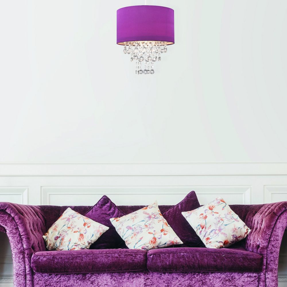 Happy Homewares Purple Satin Fabric Transparent Acrylic Droplets Pendant Shade Image 2