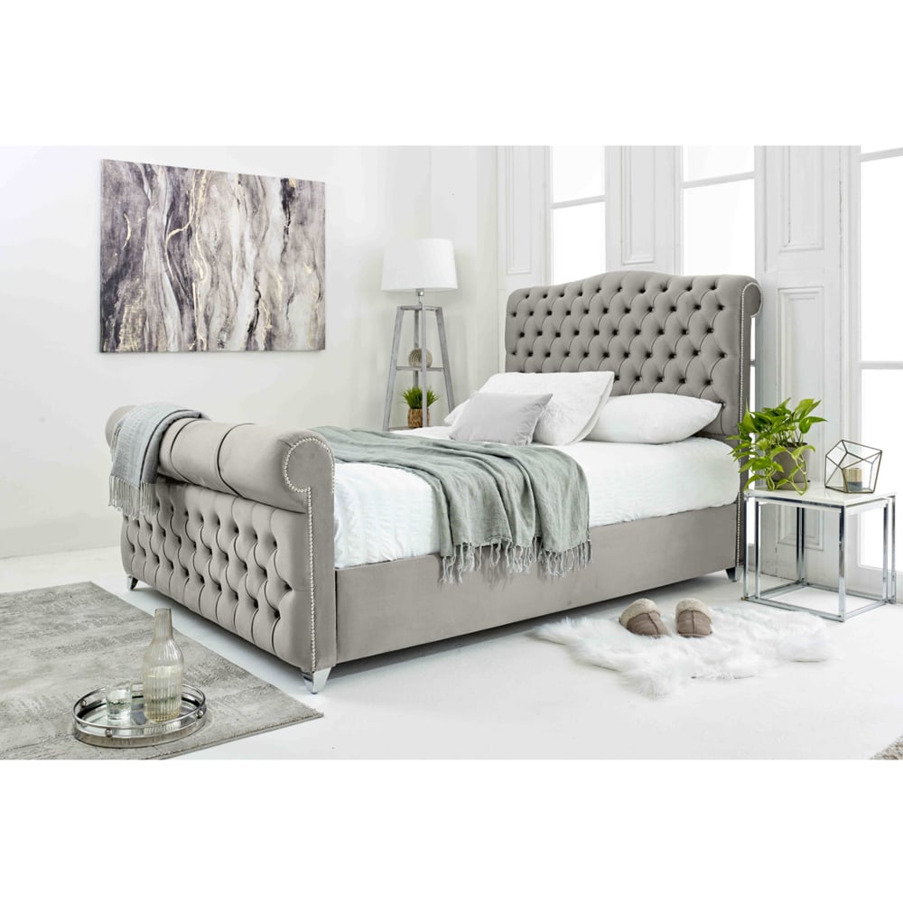 Eleganza Maynard Double Silver Plush Velvet Bed Frame with Matching Buttons Image 2