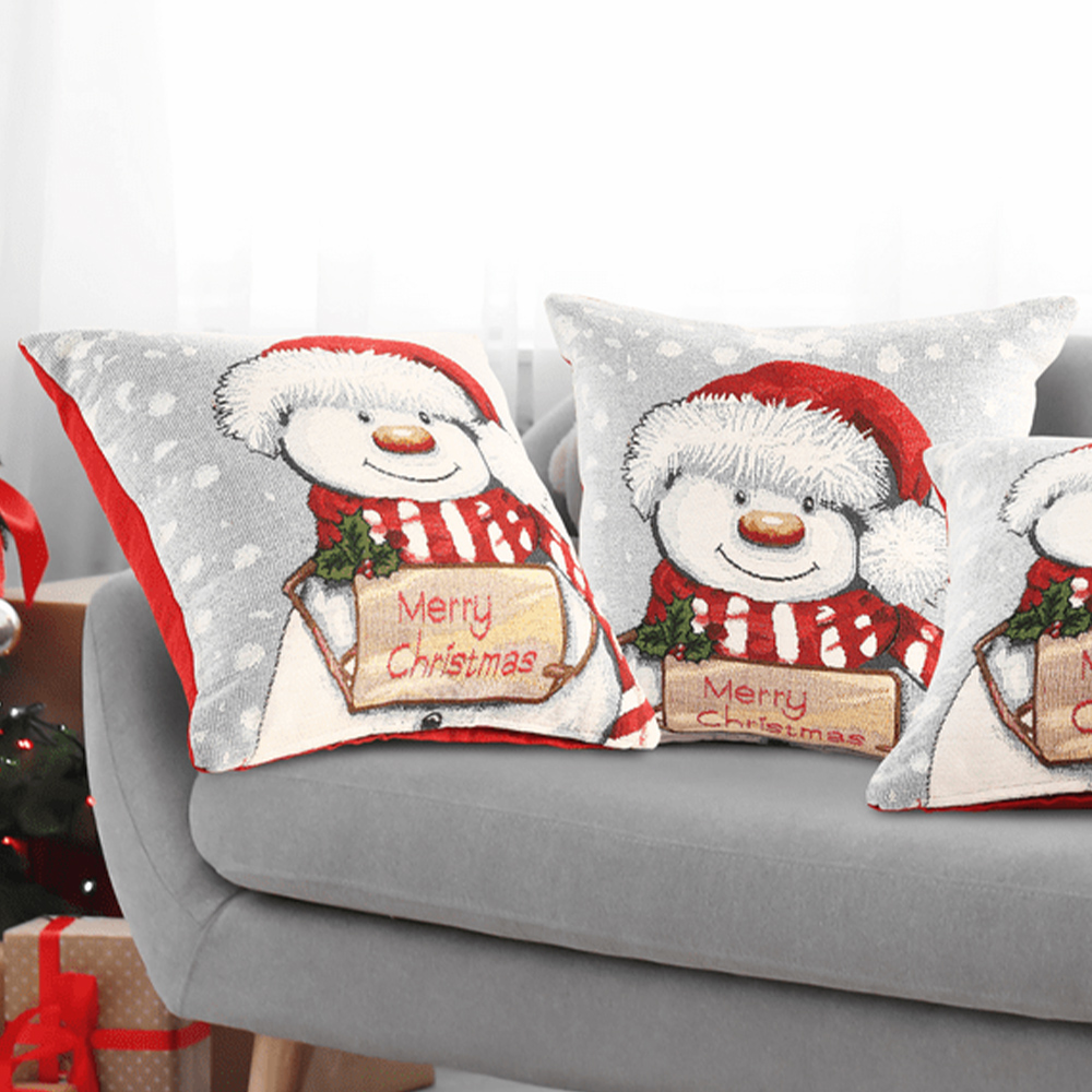 Noel Square Merry Xmas Snowman Cotton Chenille Cushion 56 x 56cm Image 2
