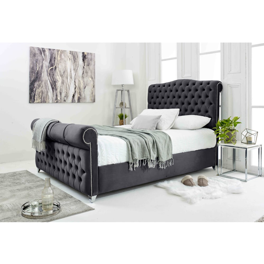 Eleganza Maynard Super King Size Steel Plush Velvet Bed Frame with Matching Buttons Image 3