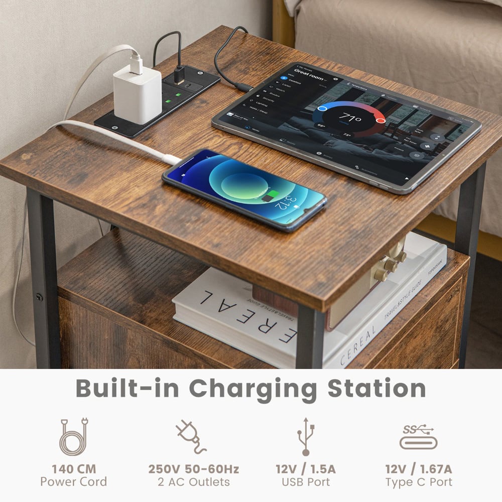 Costway Single Drawer 2 Shelf Brown Nightstand with Charging Station Image 5
