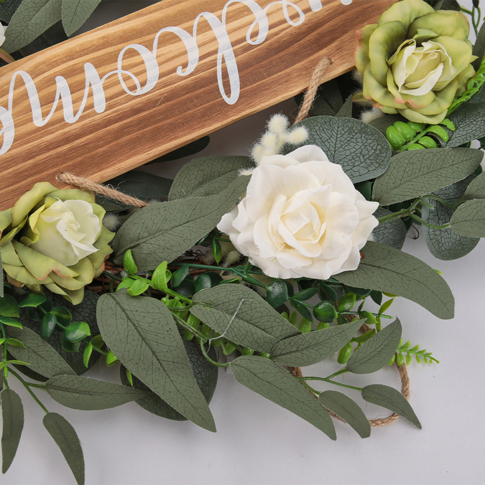 Living and Home Green and White Artificial Rose Wreath with Welcome Sign 45cm Image 6