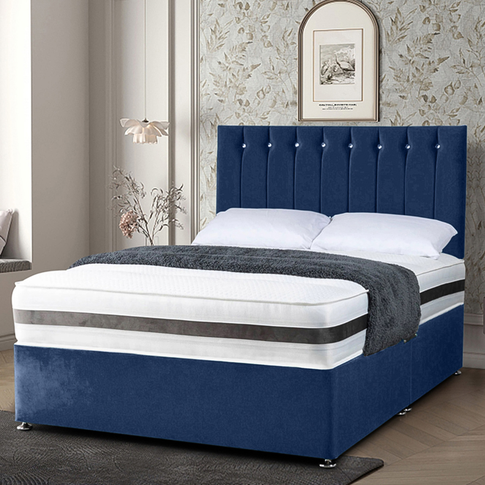Eleganza Home Cocoon Small Double Sapphire Plush Velvet Divan Bed with Headboard Image 1