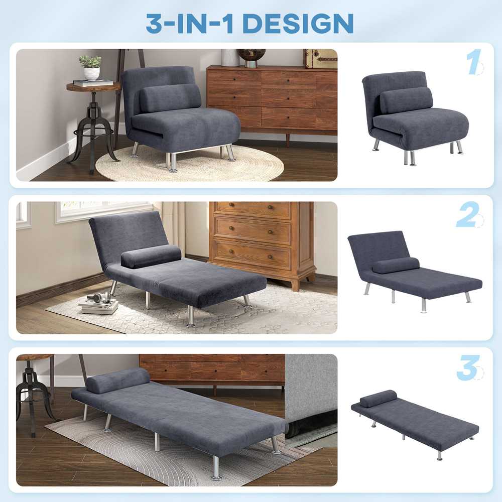 HOMCOM Single Charcoal Grey Velvet Chair Bed with Adjustable Backrest Image 5