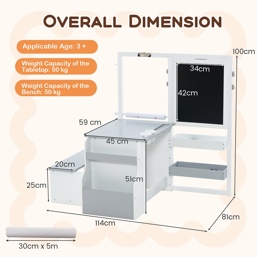 Costway Light Grey Kids Art Easel Table and Bench Set with Bookshelf Image 9