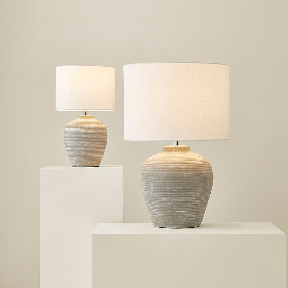 ValueLights Reid Linen Drum Lamp Shade Stone Grey Ribbed Ceramic Small LED Table Lamp Image 7