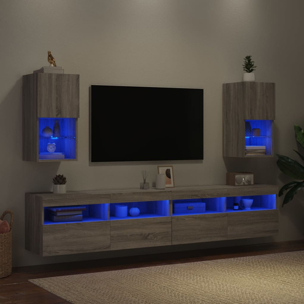 vidaXL Single Door 2 Shelf Grey Sonoma TV Cabinet with LED Lights Set of 2 Image 9