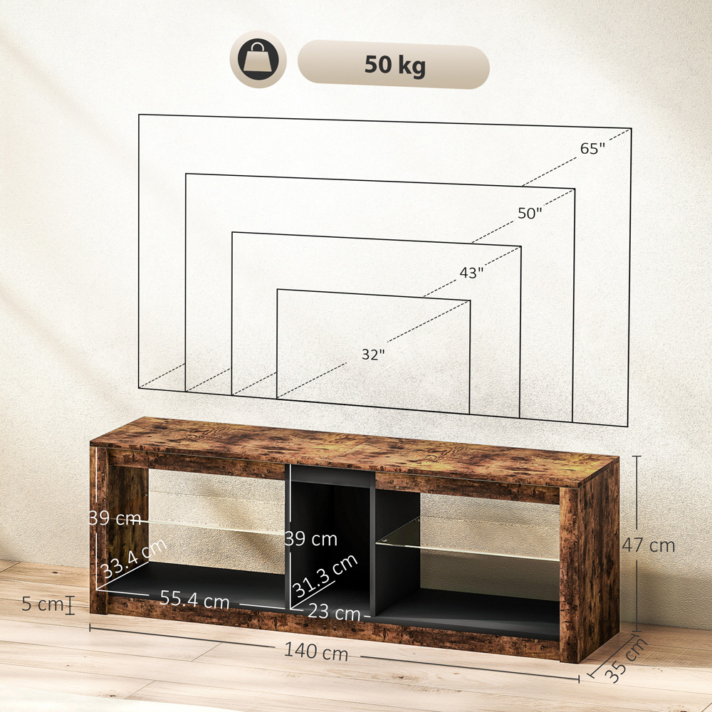 HOMCOM 4 Shelf Rustic Brown TV Stand with LED Lights Image 9
