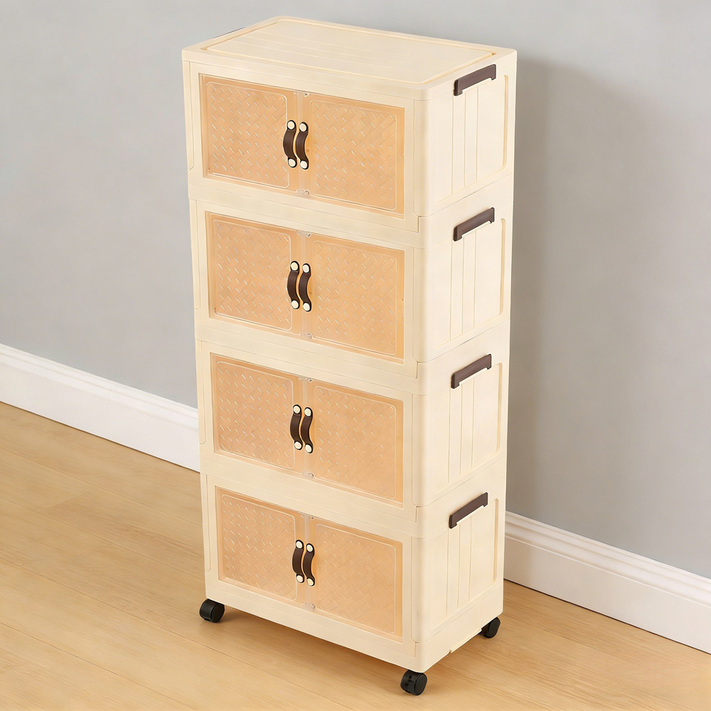Living and Home 4-Tier Cream and Clear Foldable Storage Cabinet with Castors Image 2