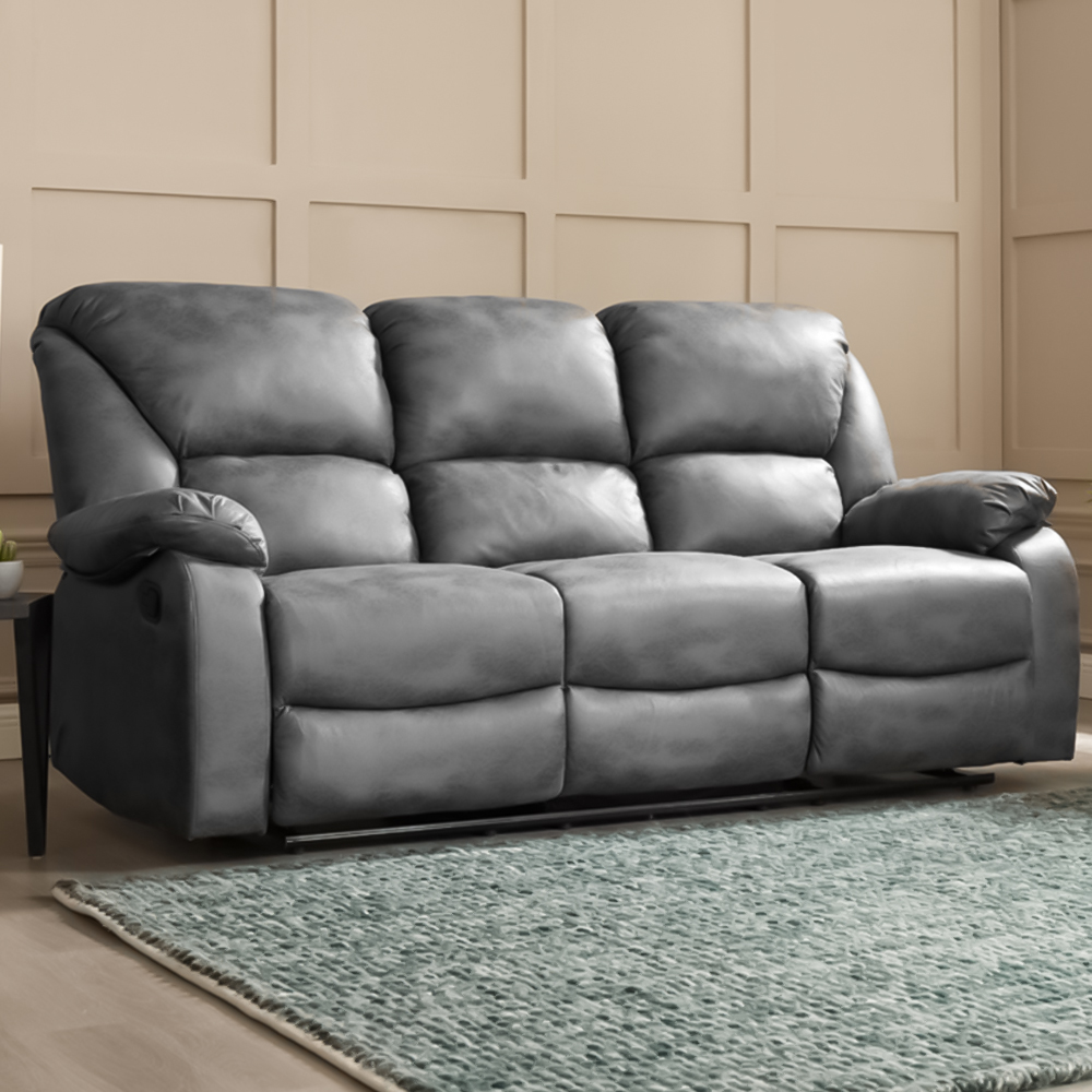 Home Detail Enoch 3 Seater Grey Faux Leather Manual Recliner Sofa Image 1