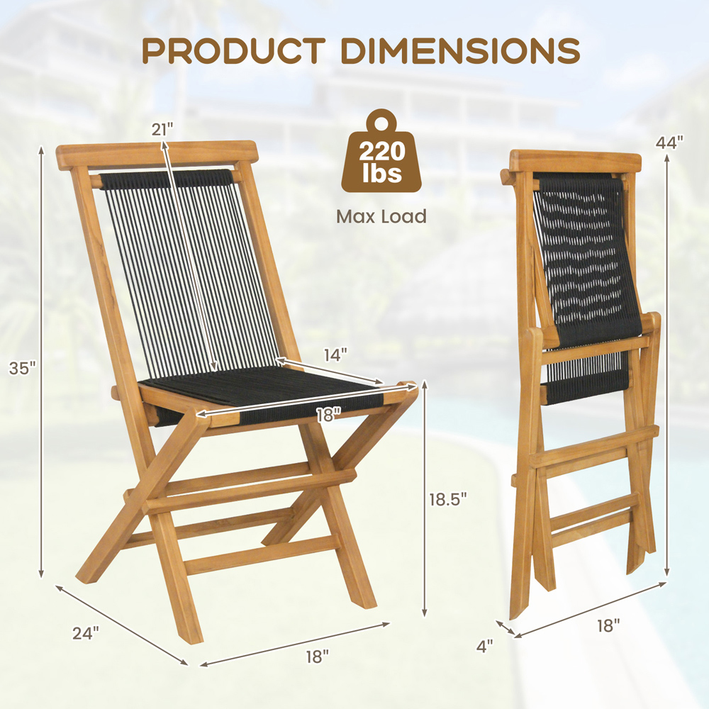 Costway Set of 2 Woven Teak Wood Foldable Garden Dining Chairs Image 9