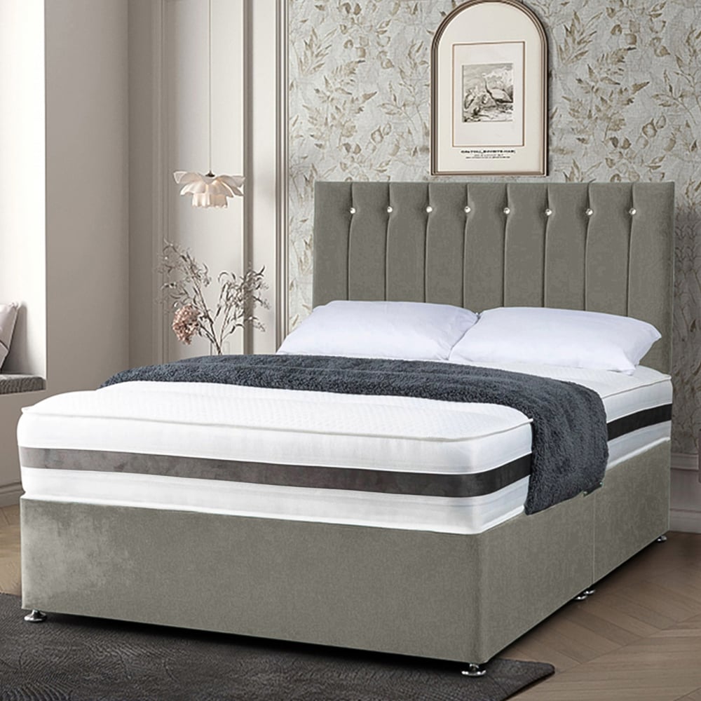 Eleganza Home Cocoon King Size Grey Plush Velvet Divan Bed with Headboard Image 1