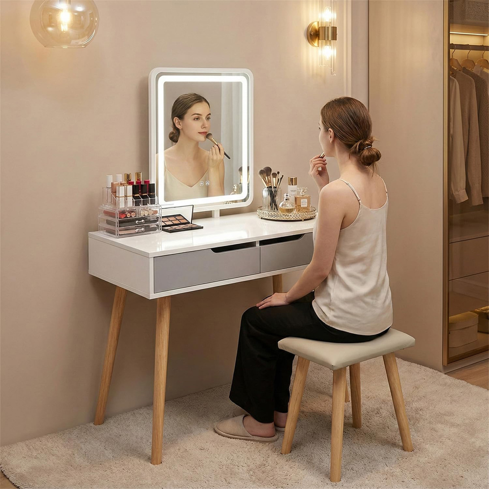 Alivio 2 Drawer Grey Vanity Dressing Table Set with Adjustable LED Mirror Image 2