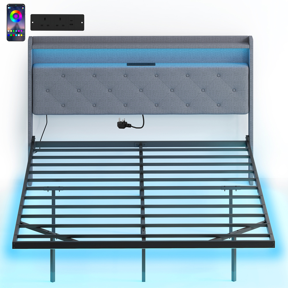 Portland King Size Grey Upholstered Floating Bed Frame with RGB LED Lights Image 2