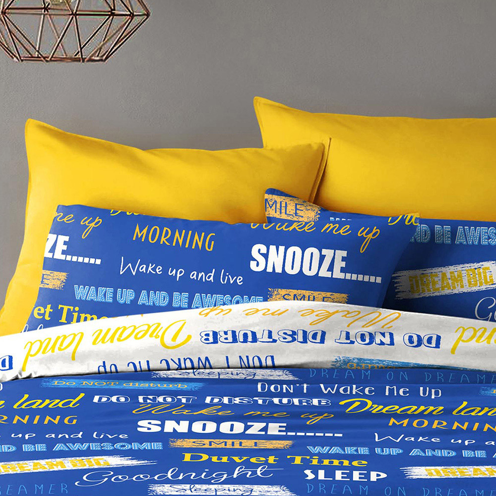 Velosso King Size Blue Snooze Wake Me Up Theme Slogan Duvet Cover Set Image 3