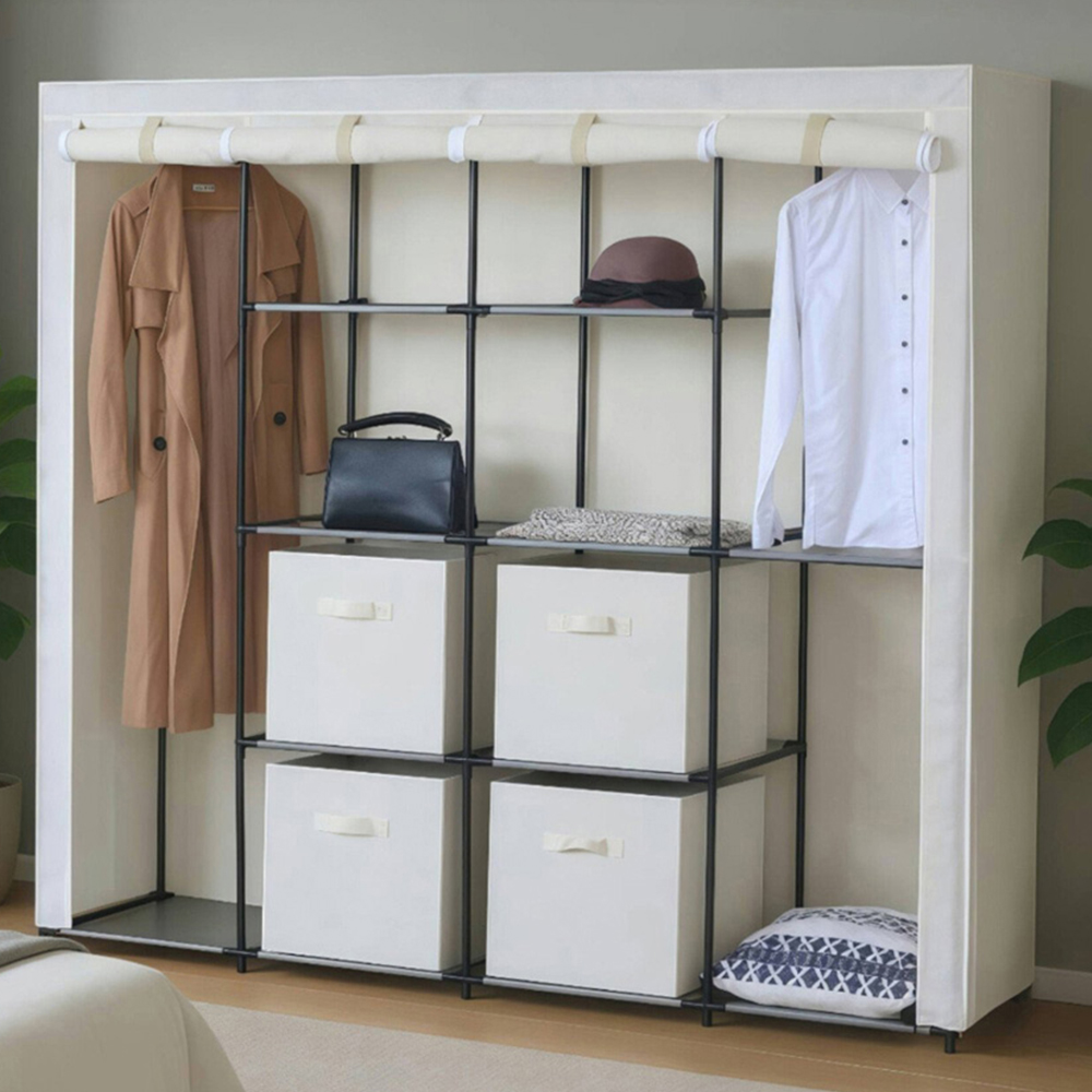 Steel Frame Fabric Wardrobe Cream Image 1