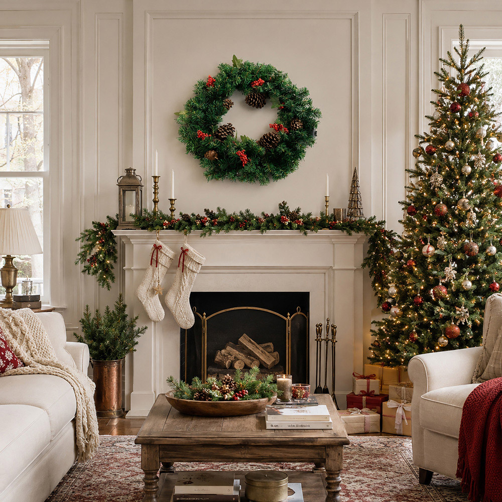 Abrihome 35 Warm White LED Artificial Cypress Christmas Wreath with Tips Pinecones and Berries 50cm Image 2