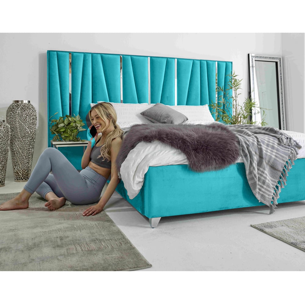 Eleganza Mila Single Teal Plush Velvet Bed Frame with Lined Headboard Image 5