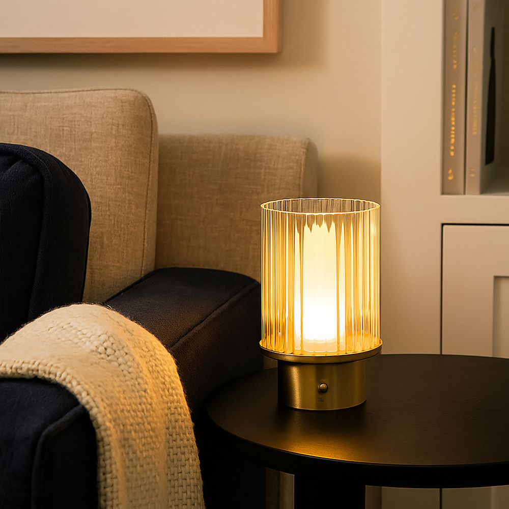 Lighting Collection Clear and Opal White Glass Shade Brass Rechargeable LED Lamp Image 2
