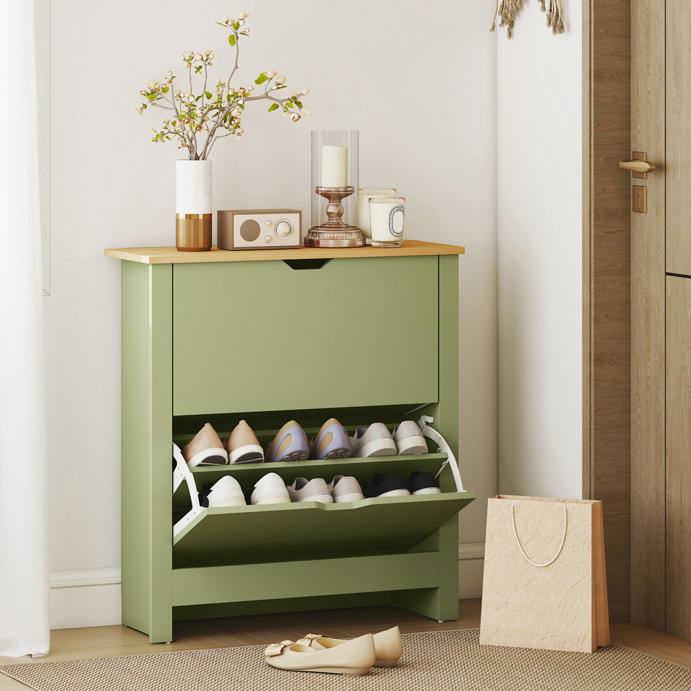 HOMCOM 2 Flip Down Drawer Charcoal Green Shoe Cabinet Image 8