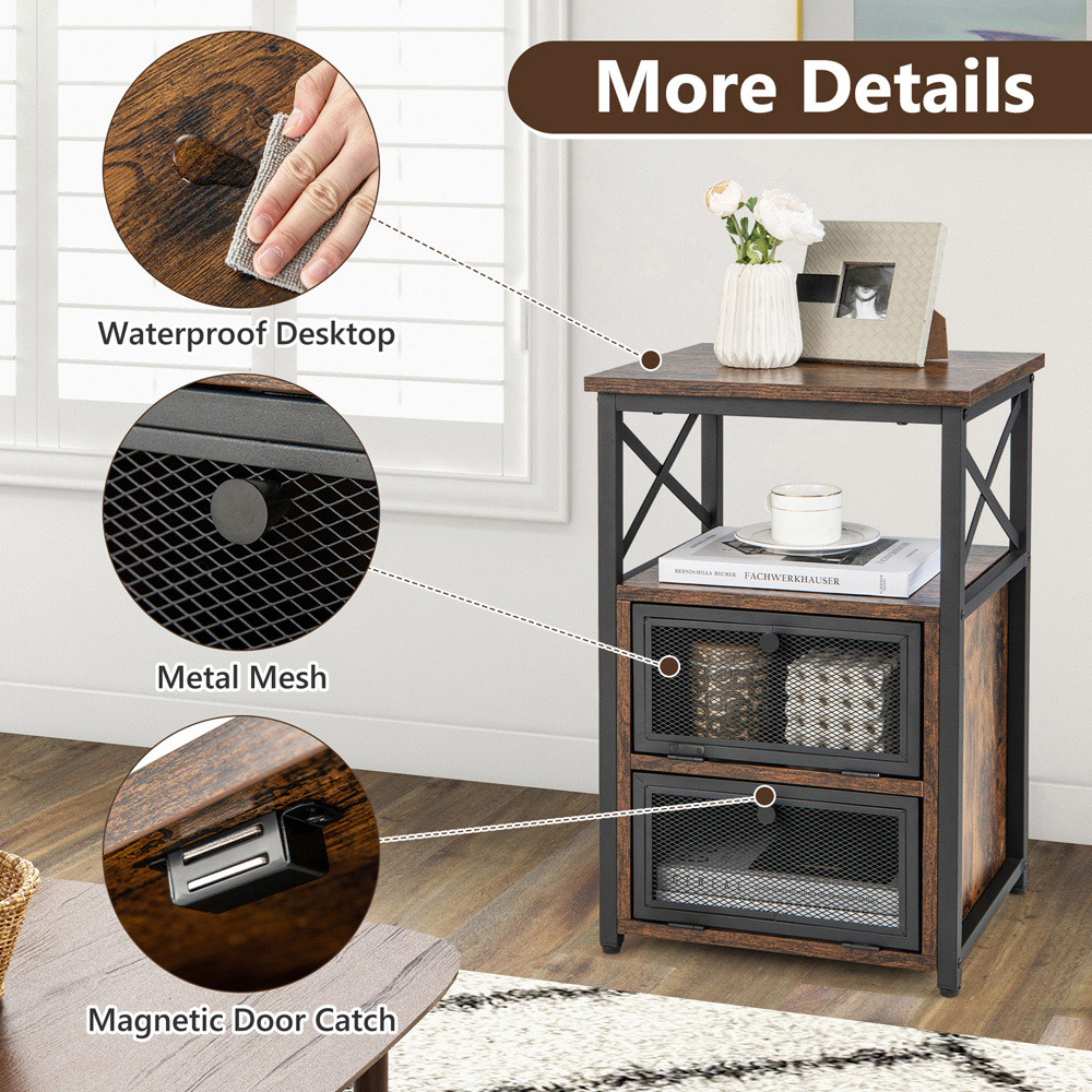 Costway 2 Door Single Shelf Rustic Brown Industrial Bedside Table Image 5