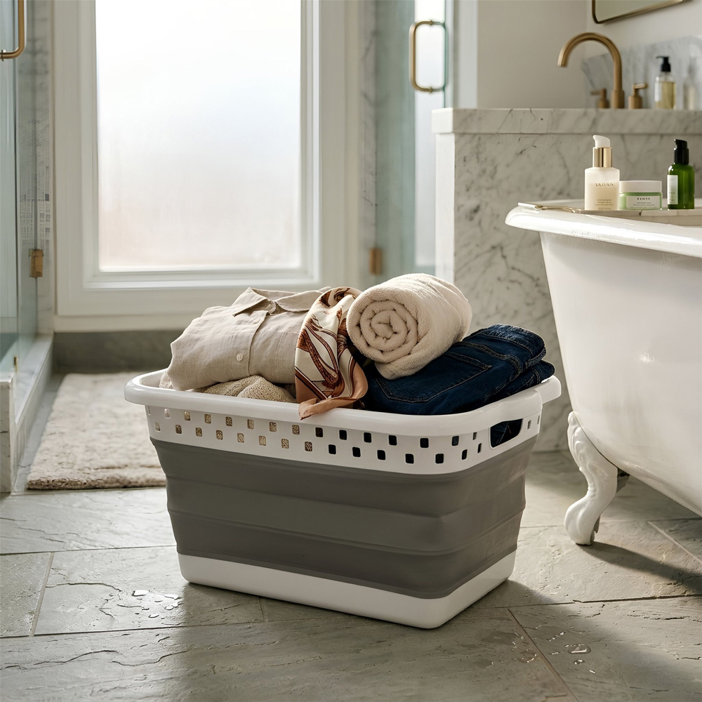 Harbour Housewares White and Grey Collapsible Laundry Basket 42L Image 2