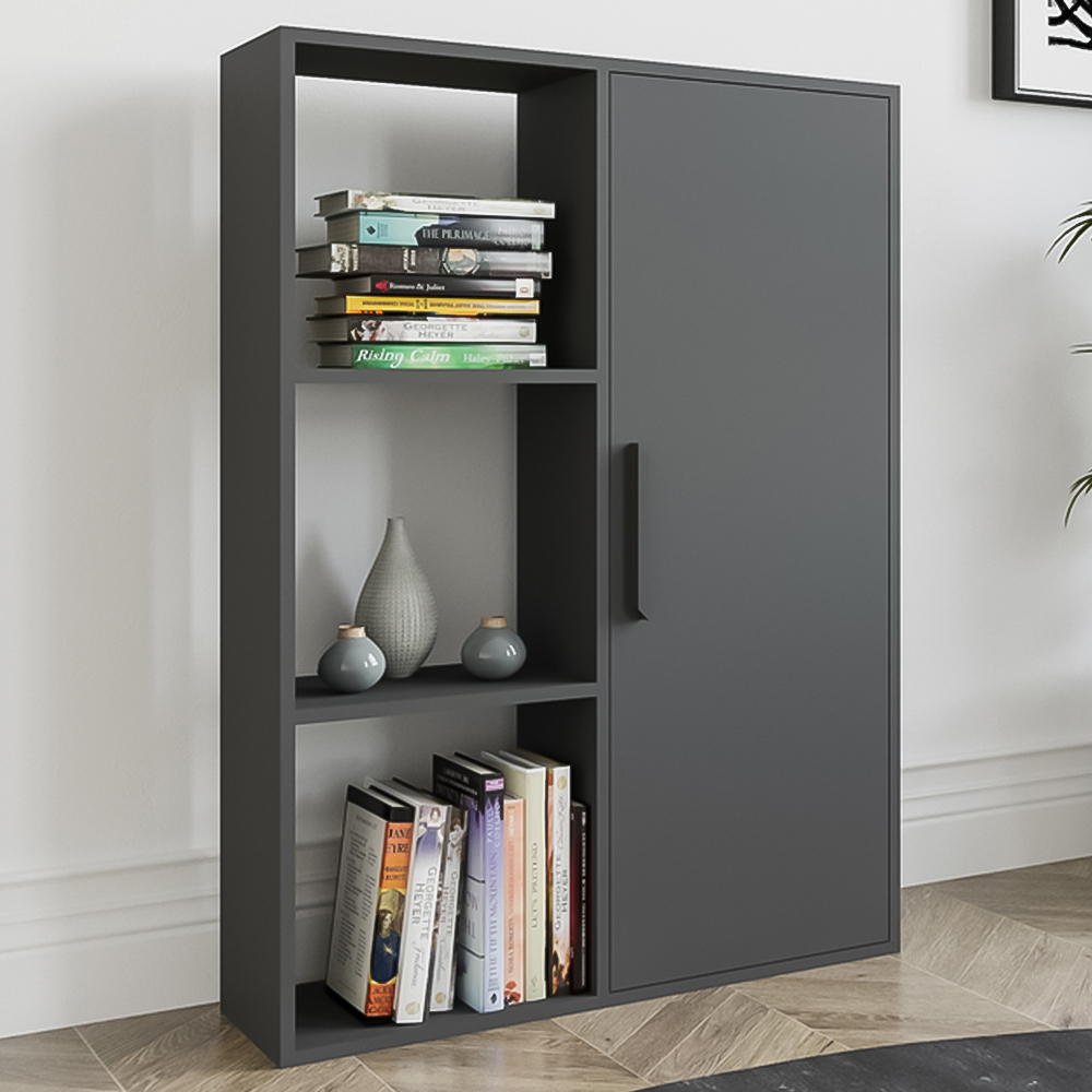 Decorotika Patrick Single Door 3 Shelf Anthracite Bookcase Image 1