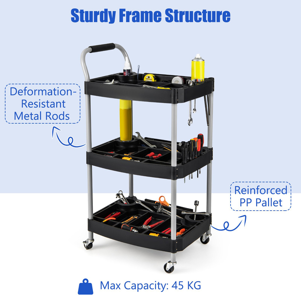 Costway 3 Shelf Black Utility Cart Image 8