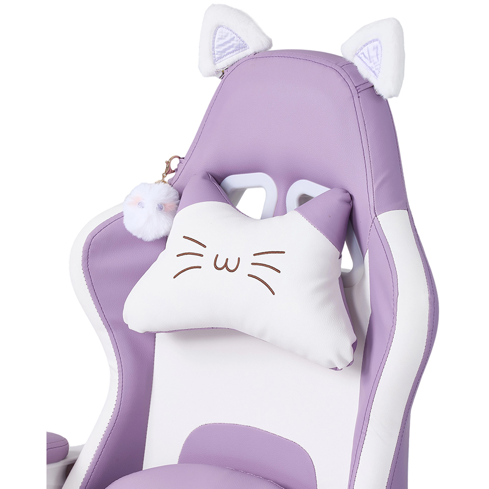 Living and Home White and Purple Cat Ear Design Gaming Chair with Massage Lumbar Pillow Image 6