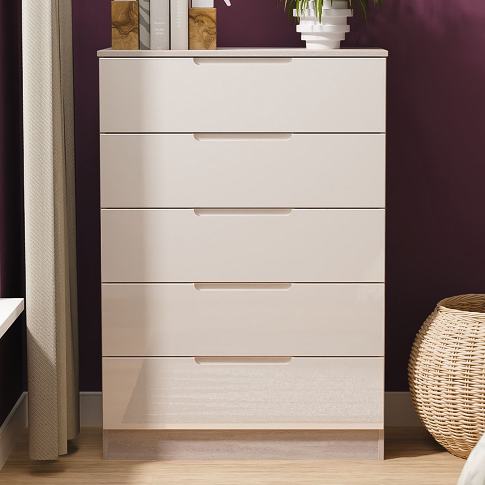 Crowndale Milan 5 Drawer Kashmir Gloss and Grey Oak Chest of Drawers Ready Assembled Image 1