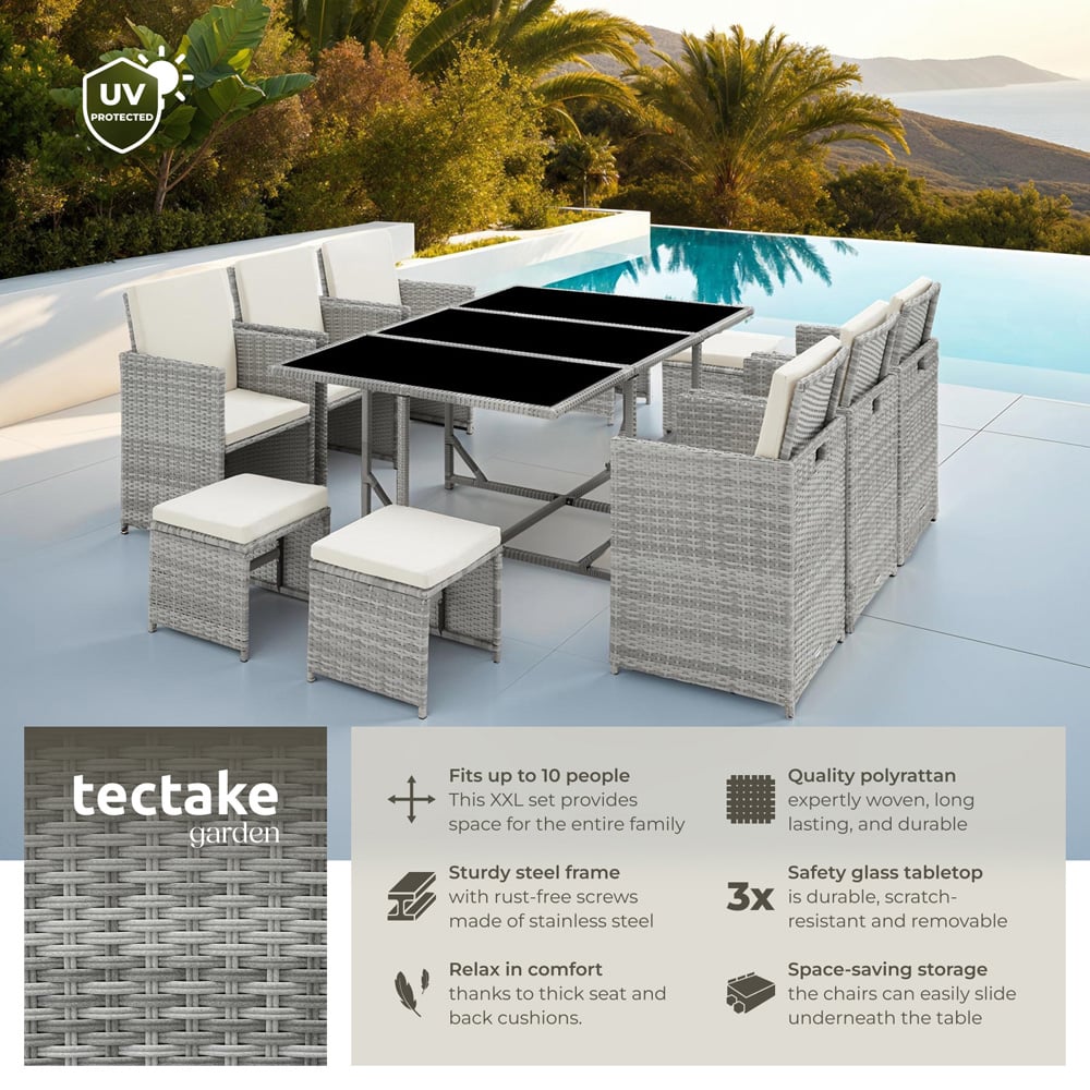 tectake Malaga 10 Seater Garden Dining Table with Rain Cover Light Grey Image 3