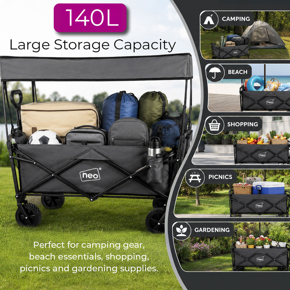 Neo Direct 140L Grey Heavy Duty Folding Garden Trolley Cart with Canopy Image 6