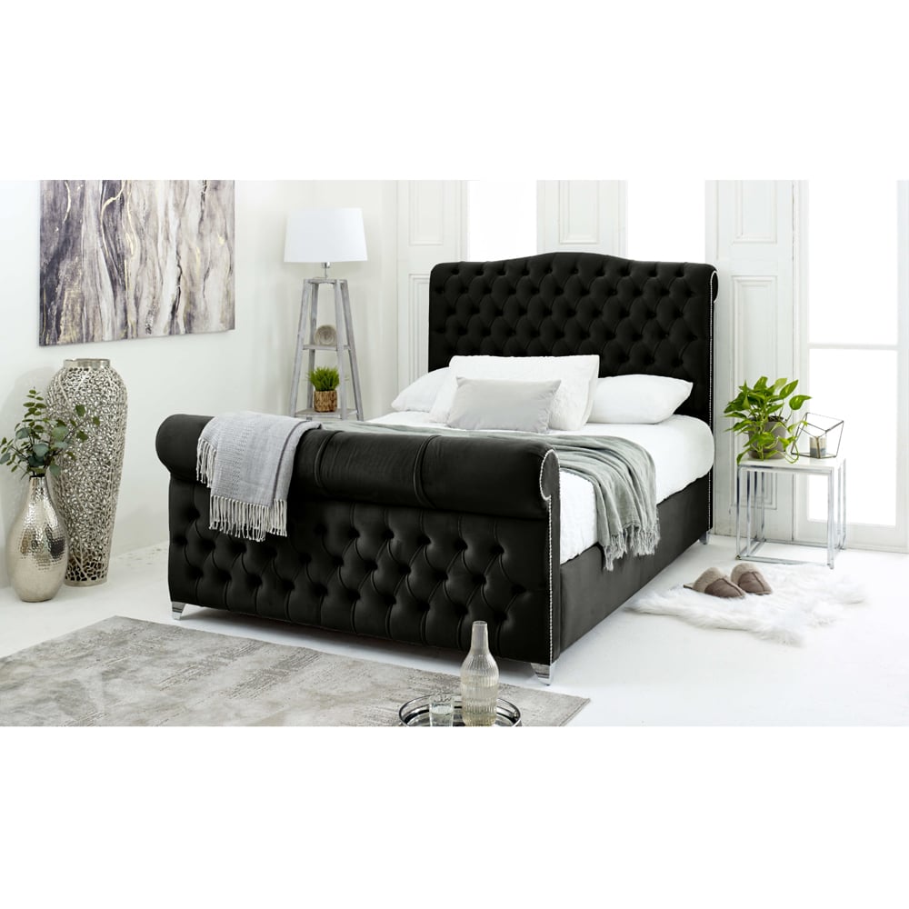 Eleganza Maynard Single Black Plush Velvet Bed Frame with Matching Buttons Image 3