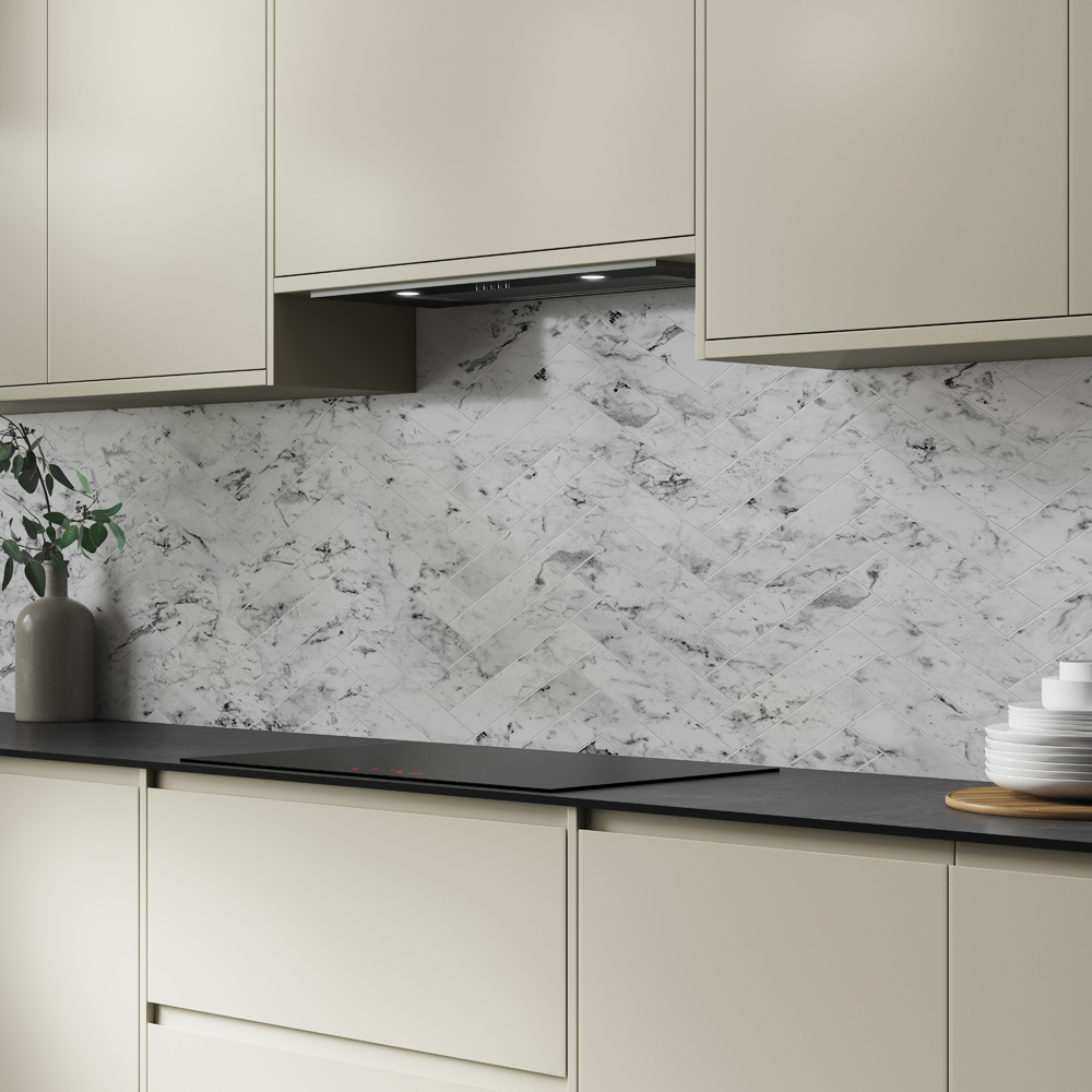 Alloy Carrara Marble Herringbone Kitchen Splashback 3000 x 750 x 4mm Image 1
